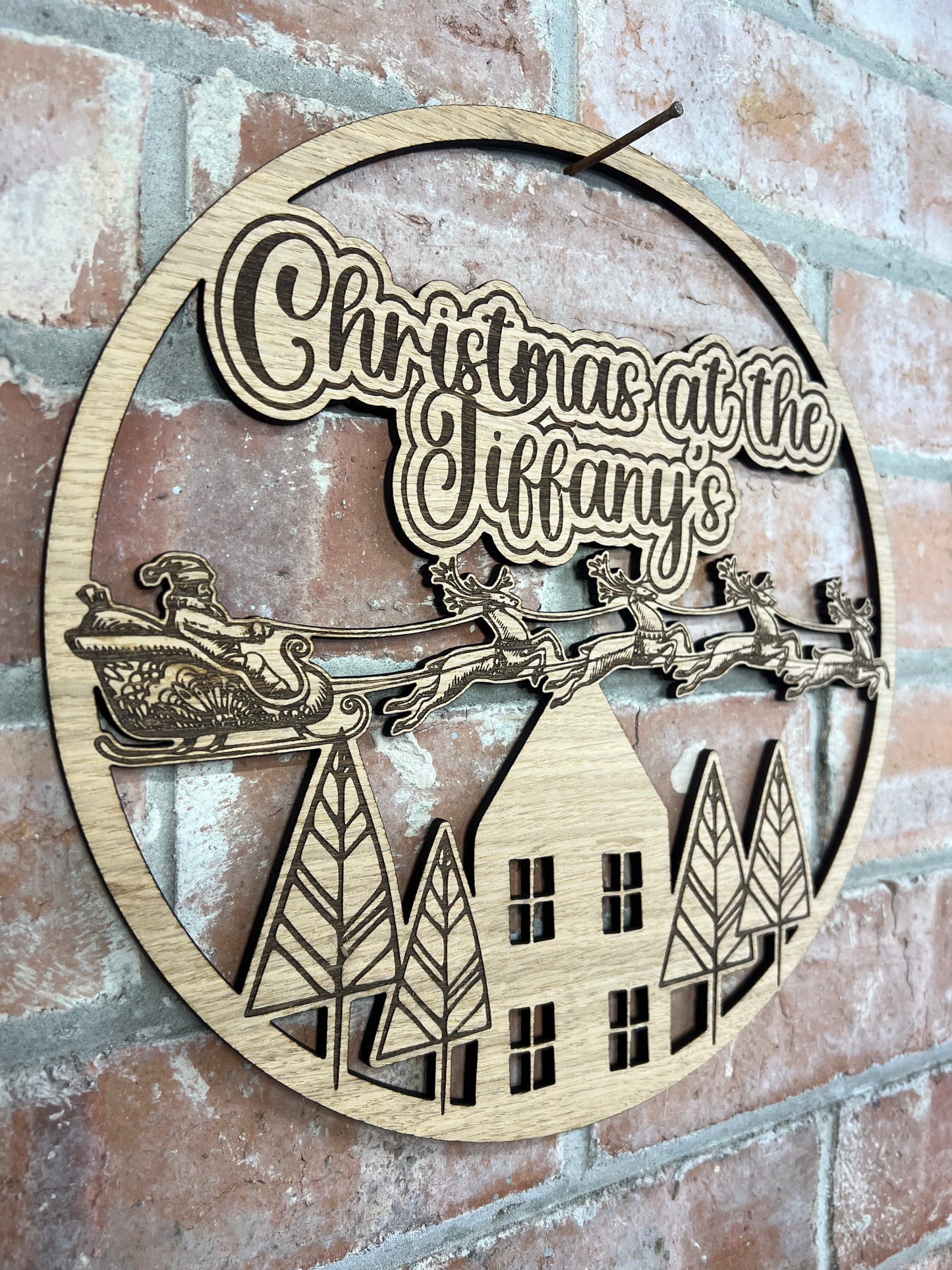 Christmas at ‘your family name’s’ sign, personalised Christmas decoration for wreaths or wall hanging