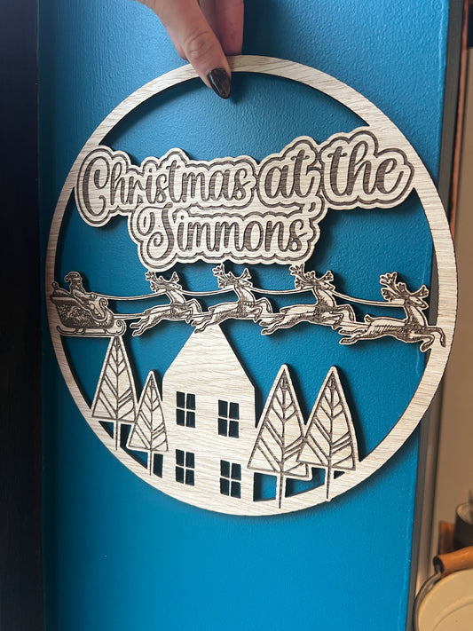 Christmas at ‘your family name’s’ sign, personalised Christmas decoration for wreaths or wall hanging