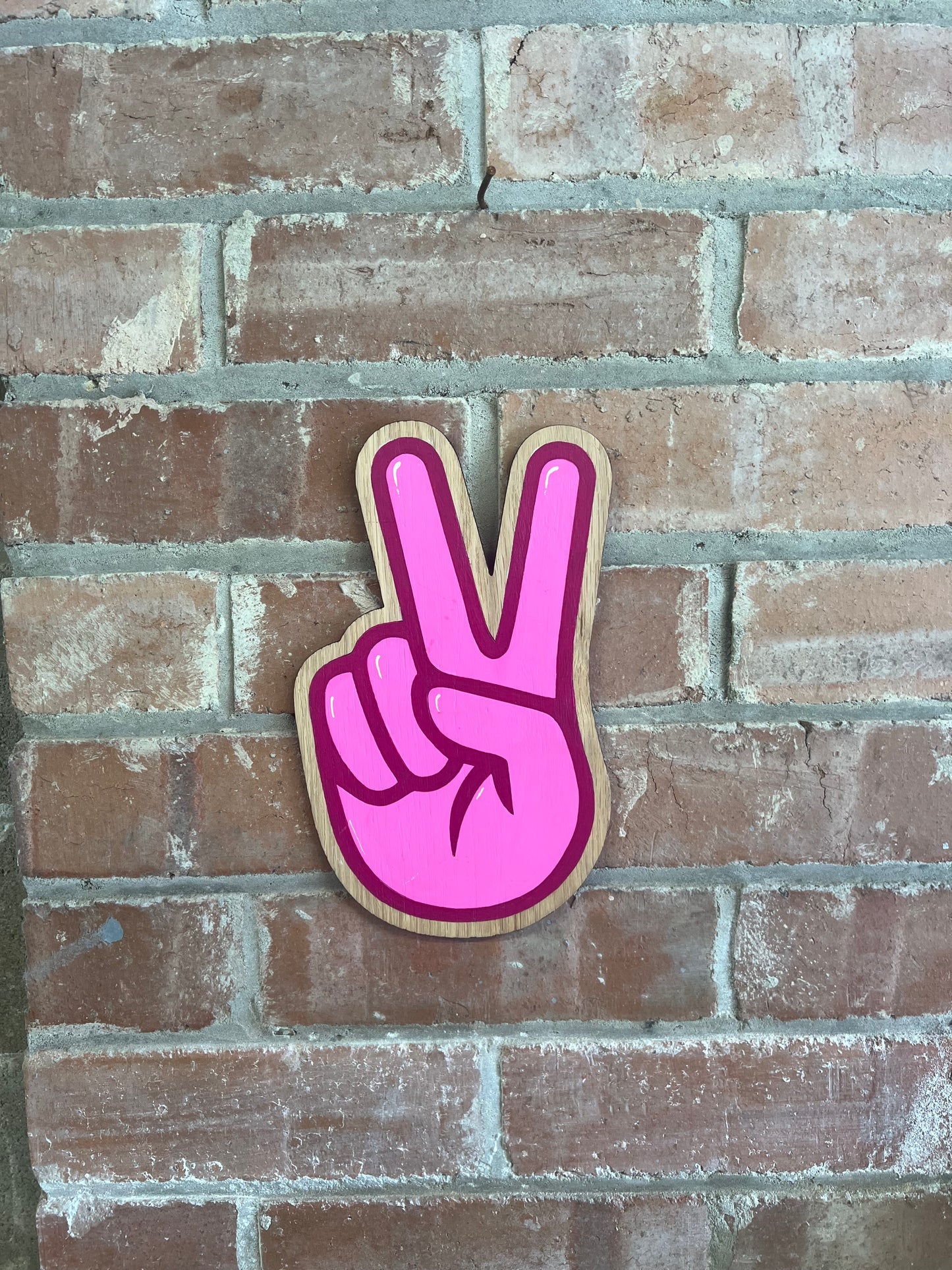 Peace hand sign-hand painted on to wood