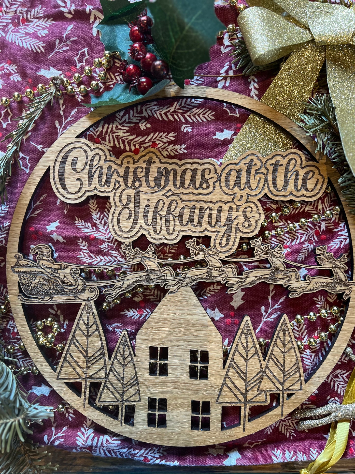 Christmas at ‘your family name’s’ sign, personalised Christmas decoration for wreaths or wall hanging