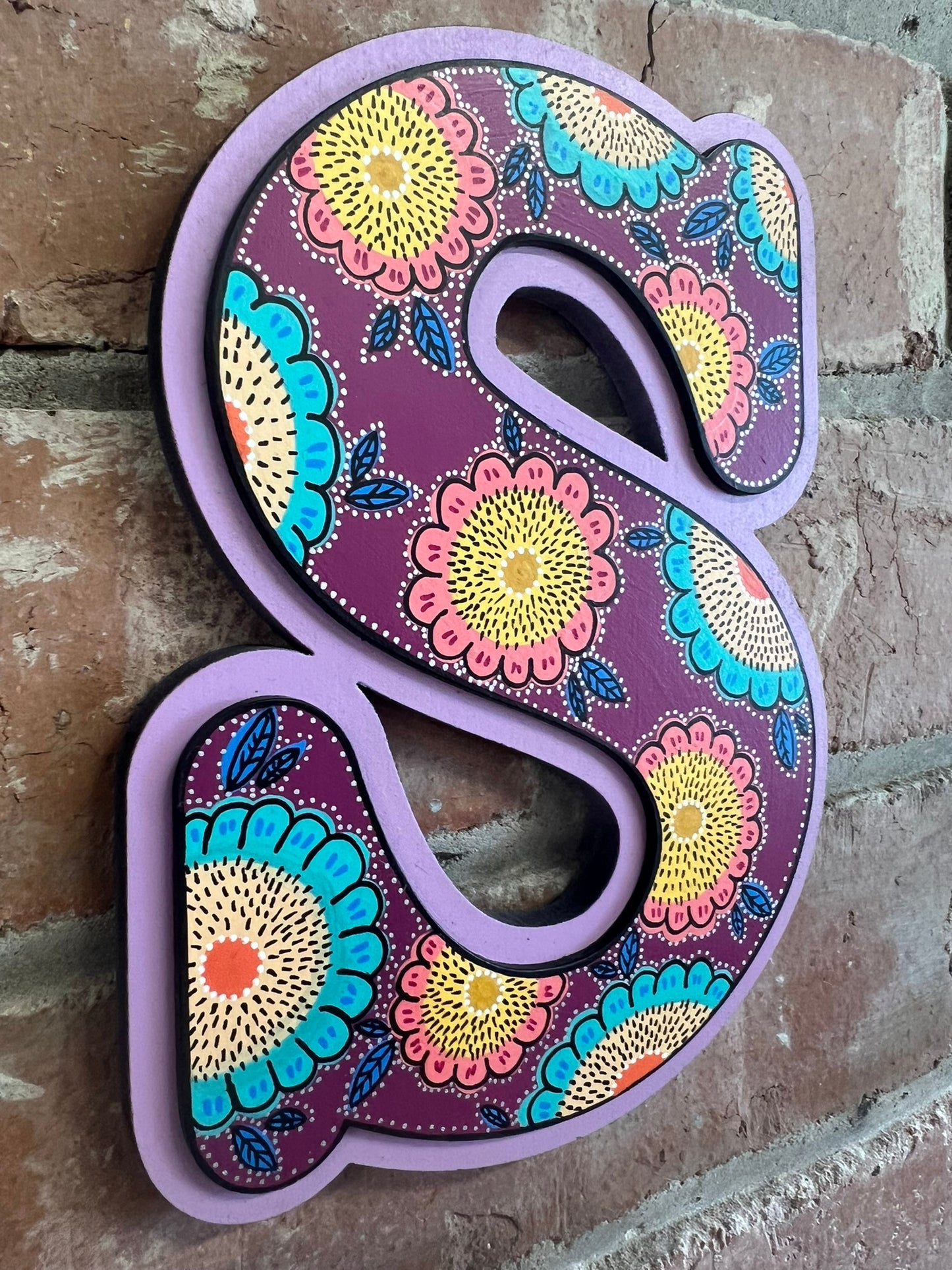 colourful Hand painted abstract floral 'S' Sign