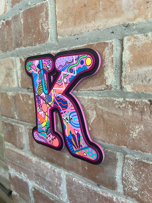 colourful Hand painted abstract memphis style 'K' Sign