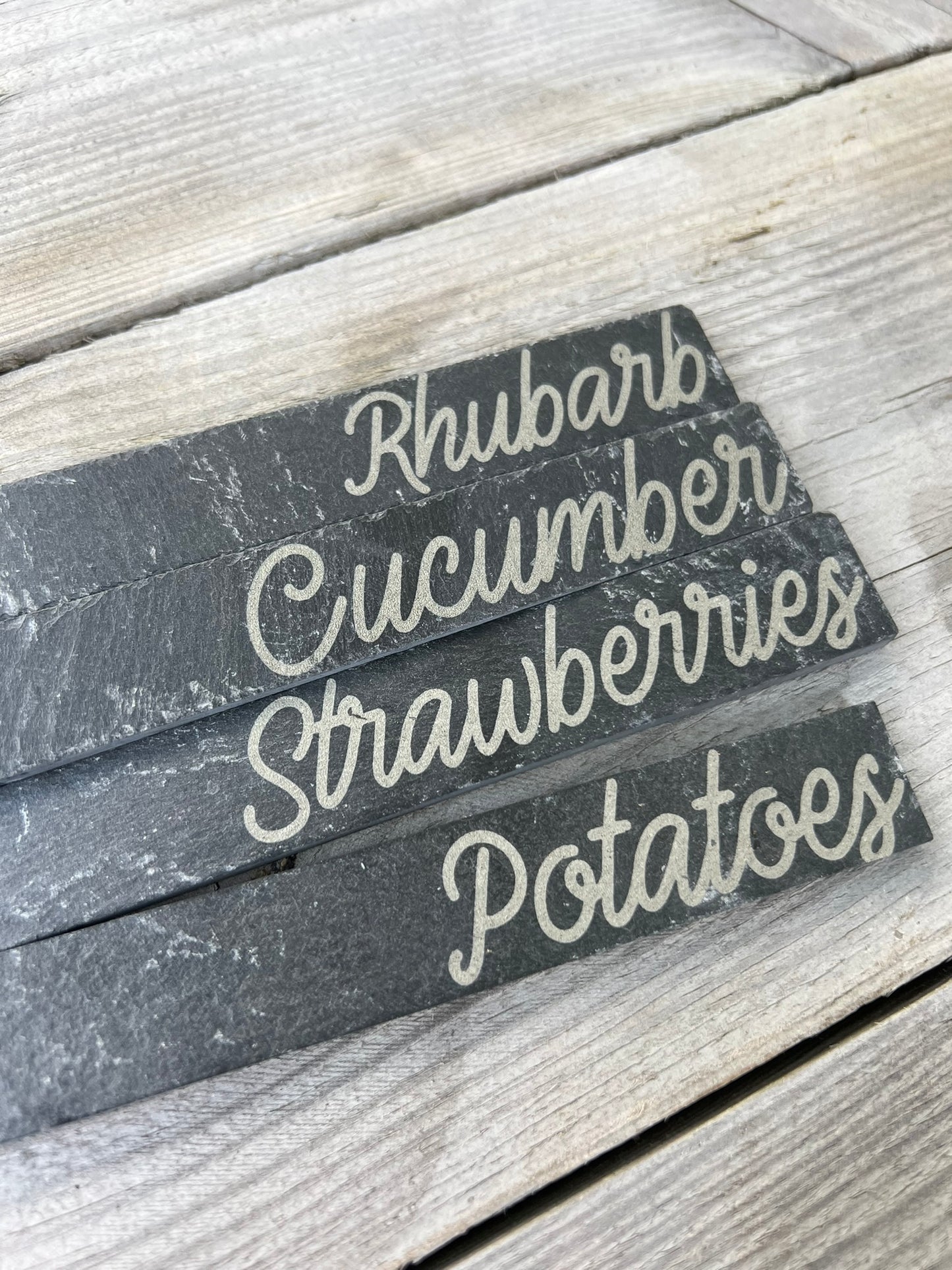 Engraved slate garden name stakes- personalised- fruit and vegetable name stakes