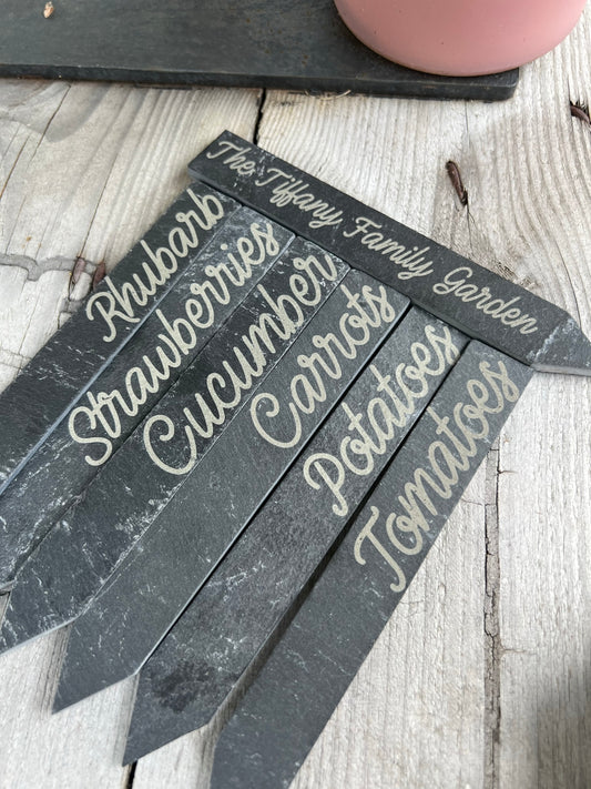 Engraved slate garden name stakes- personalised- fruit and vegetable name stakes