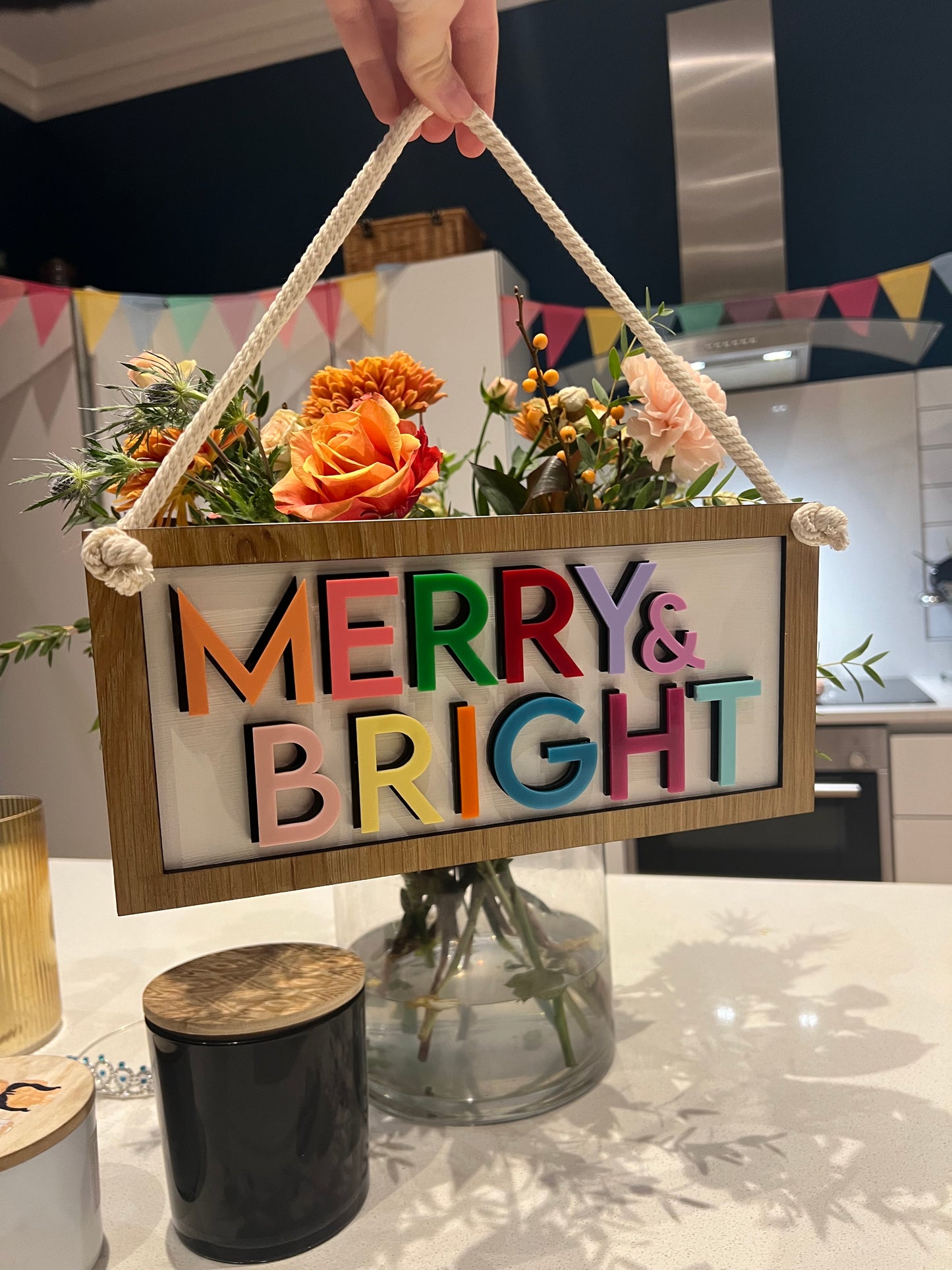 Colourful Merry & Bright hanging Christmas sign