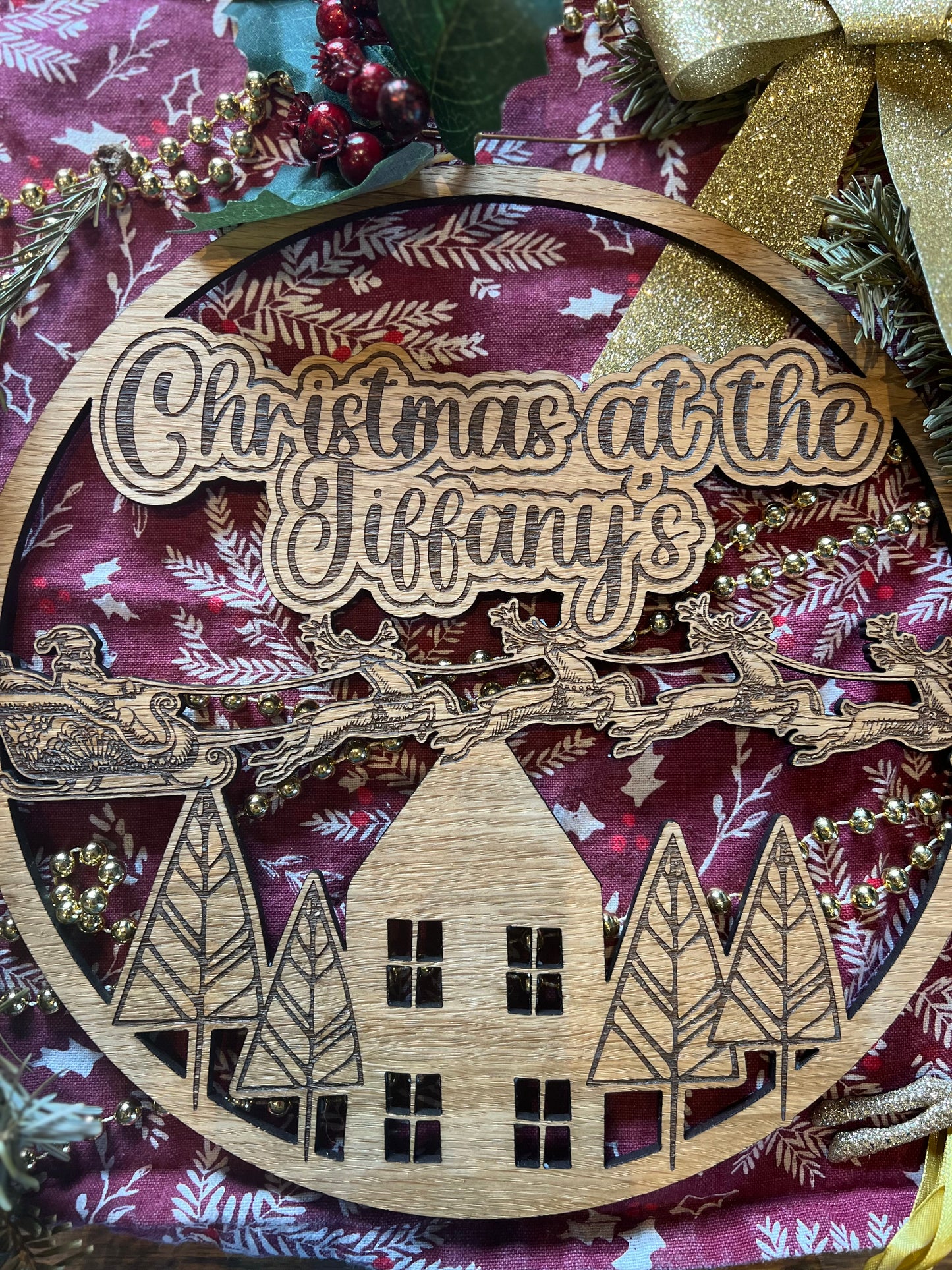 Christmas at ‘your family name’s’ sign, personalised Christmas decoration for wreaths or wall hanging